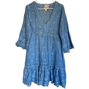 Lula Life Blue Short‎ Dress 3/4 Sleeve Eyelet, V Neck, Floral Women's Large /n1